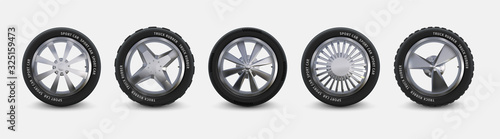 Realistic tires set. Truck wheels isolated on white, winter and summer car tires, 3D detailed aluminum alloy rims. Vector black automobile rubber with different rims for vehicle