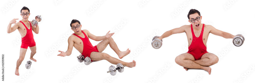 Fototapeta premium Funny guy exercising with dumbbells on white