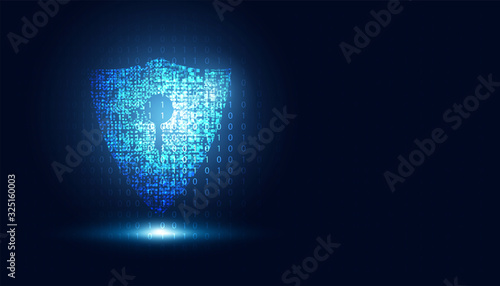 Abstract technology cyber security safe information privacy shield futuristic blue with binary digital data background.