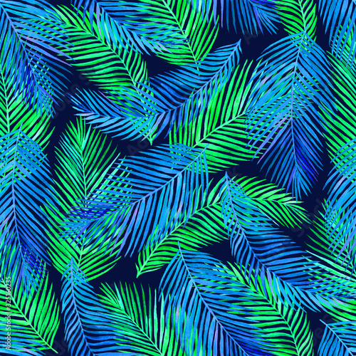 Areca palm (dypsis lutescens) blue and green leaves, hand painted watercolor illustration, Areca palm (dypsis lutescens) blue and green leaves, hand painted wseamless pattern design on dark background