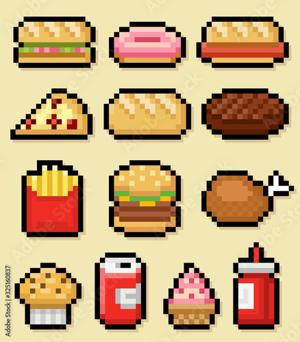 Pixel art fast food and drink icon collection