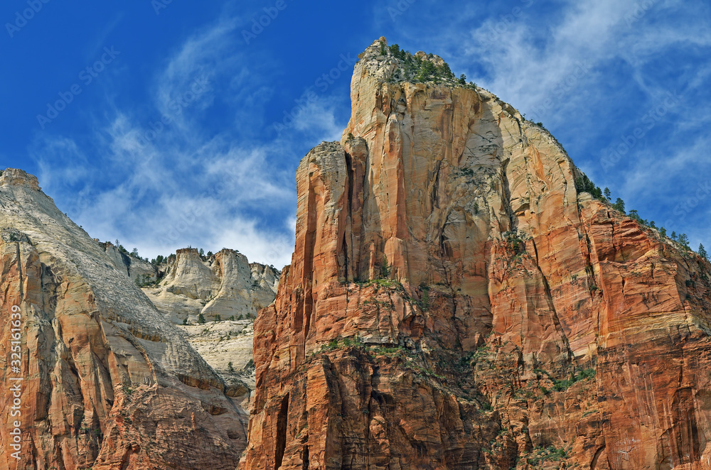 Rocky spring landscape of mountains, trees, and cliffs, Zion National Park, Utah, USA
