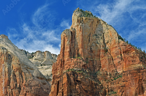 Rocky spring landscape of mountains, trees, and cliffs, Zion National Park, Utah, USA