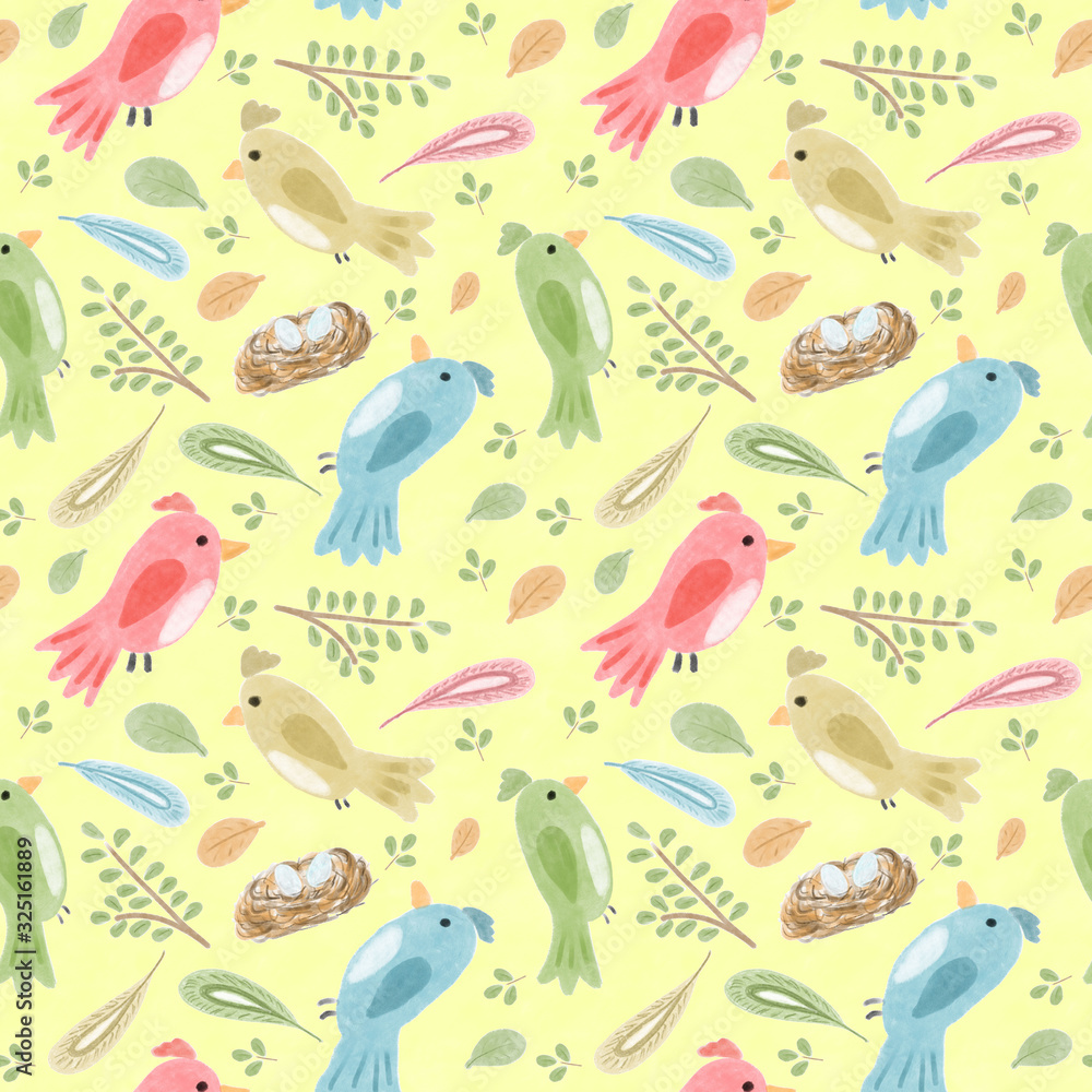 Seamless birds and leaves pattern on the yellow background, scrapbooking paper, high quality for print, textile for children, wall paper