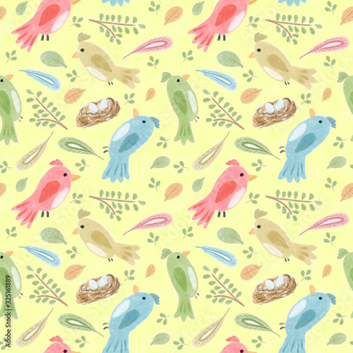 Seamless birds and leaves pattern on the yellow background  scrapbooking paper  high quality for print  textile for children  wall paper