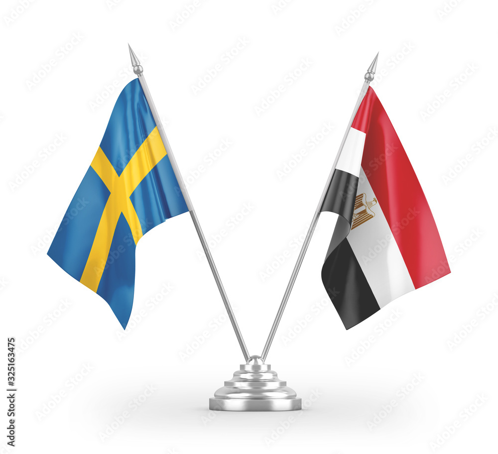Egypt and Sweden table flags isolated on white 3D rendering Egypt and Sweden table flags isolated on white 3D rendering