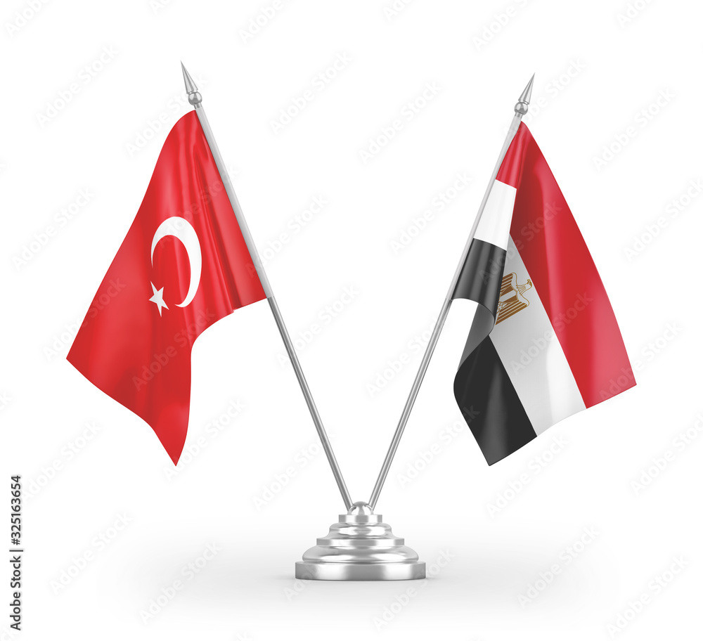 Egypt and Turkey table flags isolated on white 3D rendering Egypt and Turkey table flags isolated on white 3D rendering