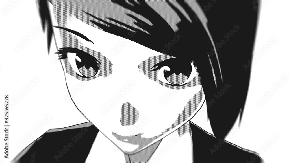 Fototapeta Anime Girl Comic Cartoon Character in Business Suit or Japanese School Uniform standing in front of a white background with a confident smile it's Anime Manga Girl in black and white