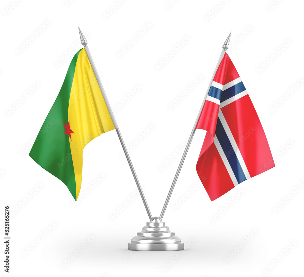 Norway and French Guiana table flags isolated on white 3D rendering