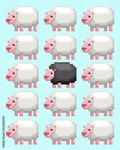 Black sheep in the middle of a white sheep herd, vector pixel art illustration