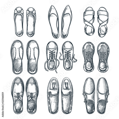 Female and male elegant shoes icons set. Vector hand drawn sketch illustration. Fashion footwear collection