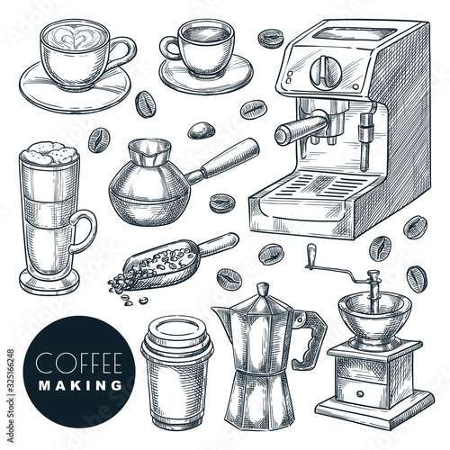 Coffee making icons set. Vector hand drawn sketch illustration. Cup with hot drinks, espresso, cappuccin and latte