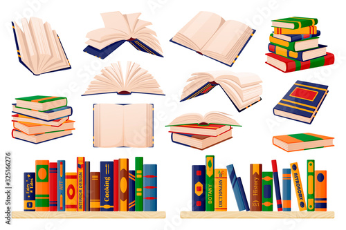 Paper books collection. Vector illustration. Learning and education icons set. Open and closed books on bookshelf