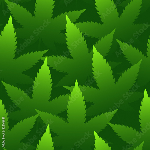 Marijuana Leaves Vector Seamless Pattern Bright Green Abstract Background. Medical Cannabis Botanical Illustration. Vivid Color Gradient Rastafarian Repetitive Wallpaper. 420 Time To Get Fun