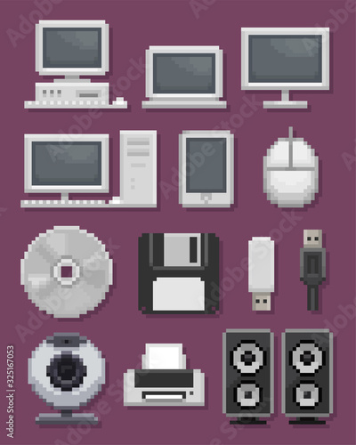 Vector pixel art retro computer and peripherals icon collection