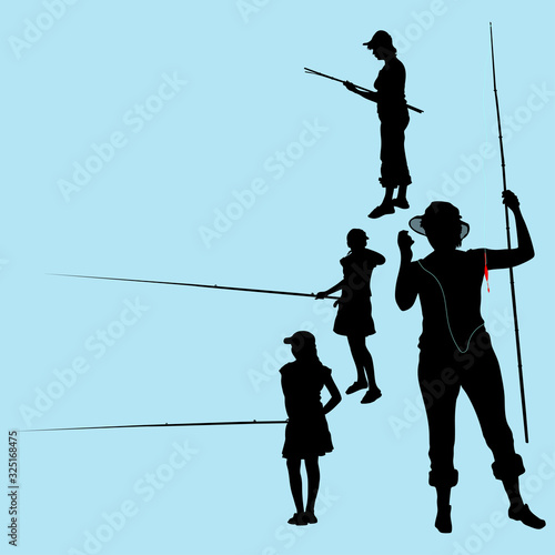 Vector female silhouettes. Teenager girl with mom fishing. Woman in a hat and jeans with a fishing rod. The girl in the dress is fishing. Woman unravels the fishing line. Side view rear view. Summer