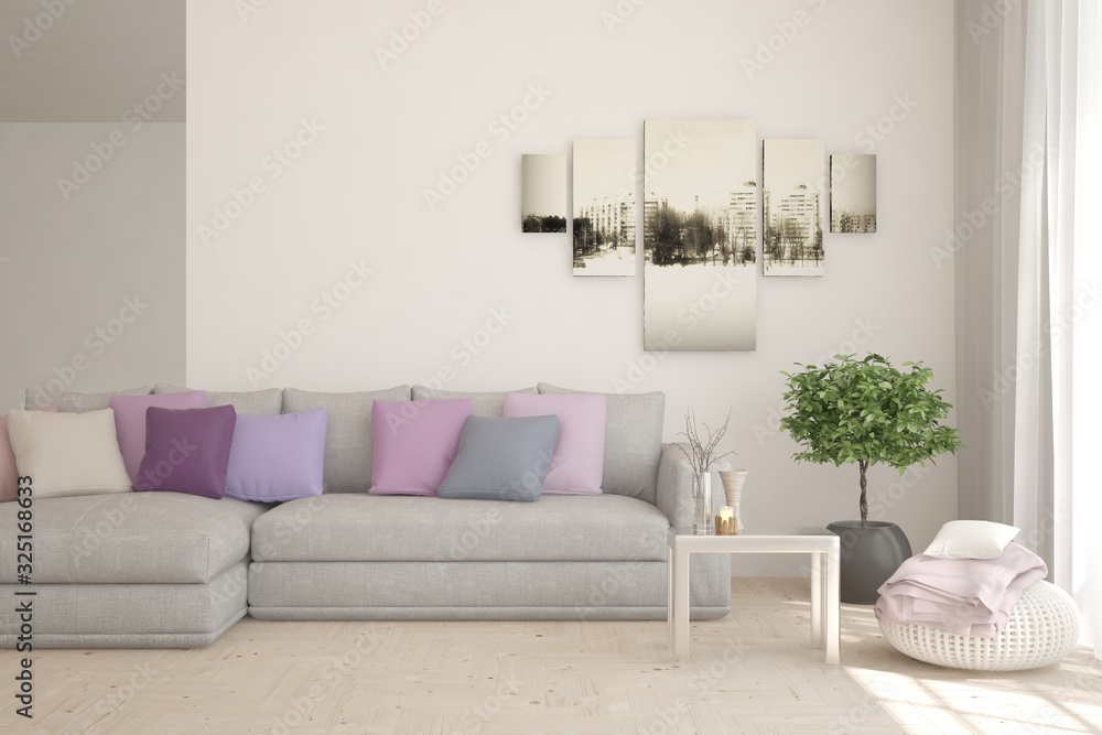 Modern living room in white color with sofa. Scandinavian interior design. 3D illustration Modern living room in white color with sofa. Scandinavian interior design. 3D illustration