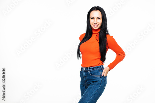 Portrait of happy smiling young beautiful woman, isolated over white background