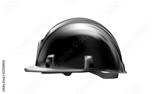 Black Realistic working hard hat, construction helmet isolated on white background. Side view logo, icon. Vector illustration.