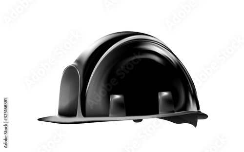 Black Realistic working hard hat, construction helmet isolated on white background. Little rotated logo, icon. Vector illustration.