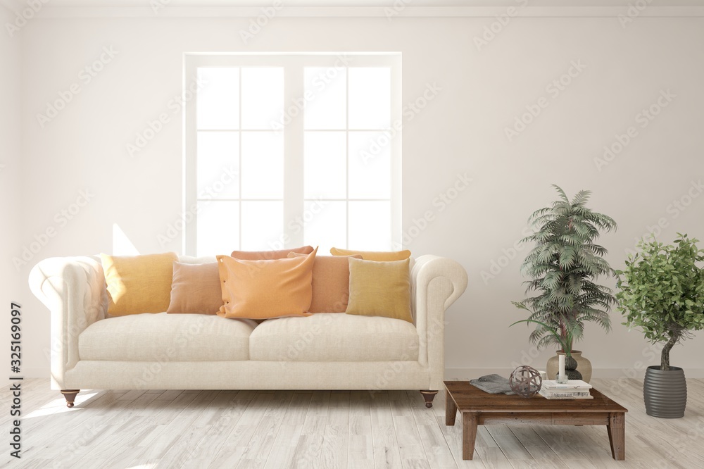 Modern living room in white color with sofa. Scandinavian interior design. 3D illustration Modern living room in white color with sofa. Scandinavian interior design. 3D illustration