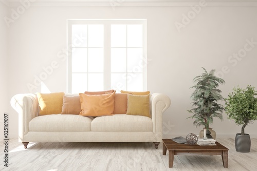 Modern living room in white color with sofa. Scandinavian interior design. 3D illustration © AntonSh