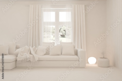 Mock up of minimalist living room in white color with sofa. Scandinavian interior design. 3D illustration