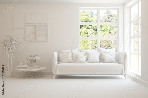 Mock up of stylish room in white color with sofa and green landscape in window. Scandinavian interior design. 3D illustration