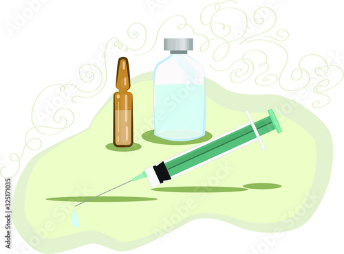 Vaccination concept with vaccine, ampoule and syringe. Medical appointment, vector image