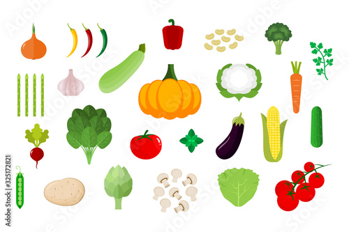 Vegetables set. Different colorful vegetable collection. Fresh farm products isolated on white background. Healthy, vegetarian, vegan diet. Autumn harvest. Vector illustration, flat style, clip art.