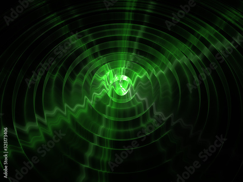 3D Graphic Illustration, Glowing Green Neon Colored Disc, Abstract Geometric Circular Curved Symmetrical Shapes, Bright Glowing Ring of Light, Background Image Artistic Resource, Water Ripple Effect