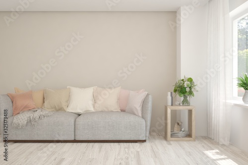 Modern living room in white color with sofa. Scandinavian interior design. 3D illustration