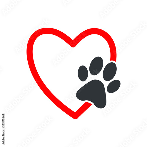 Animal love symbol, pet paw print with hand drawn heart, isolated vector