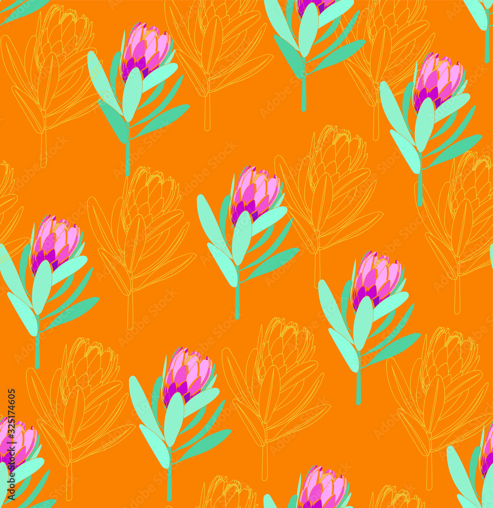 Contrast bright seamless pattern with protea flower. Simple minimalistic wallpaper botanical pattern with nature element. Contrast bright seamless pattern with protea flower. Simple minimalistic wallpaper botanical pattern with nature element.