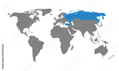 Russia, Turkey countries highlighted on world map. Gray background. Political, trade, economic relations.
