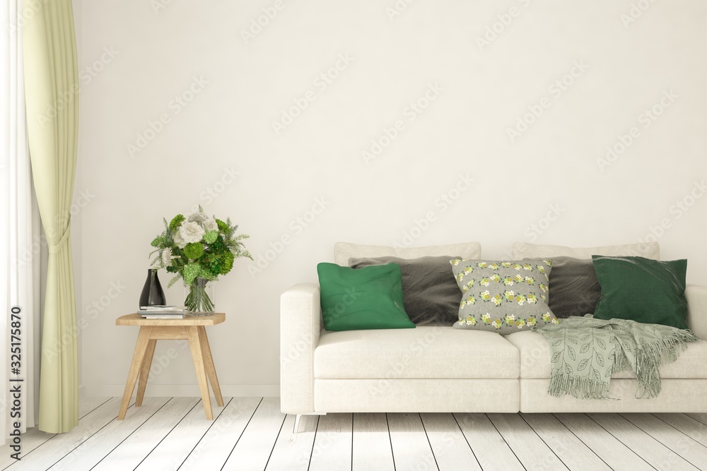 Fototapeta premium Modern living room in white color with sofa. Scandinavian interior design. 3D illustration
