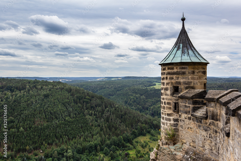 Landscape view from Konigstein fortress with watch tower, Königstein, Saxon Switzerland, Germany.