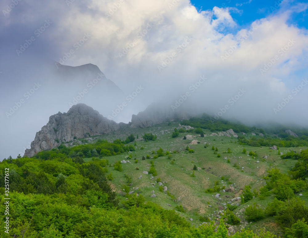 Fototapeta premium green mountain ridge in a blue mist