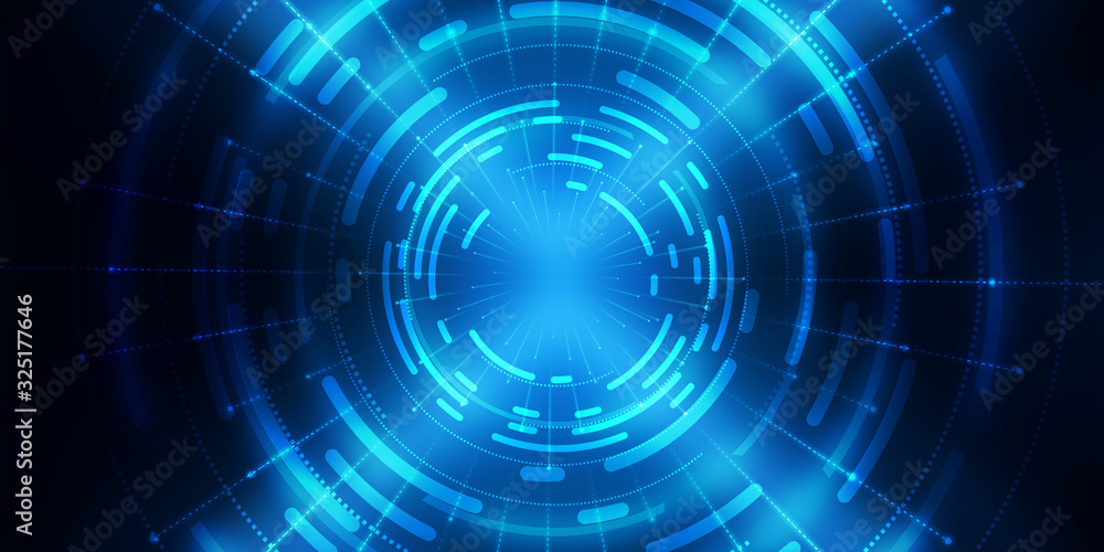 Obraz premium Dark tech abstract background with neon glow. Cyber circle laser figure on abstract background
