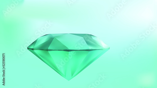 Turquoise faceted diamond. Light background, light flare on the edges.