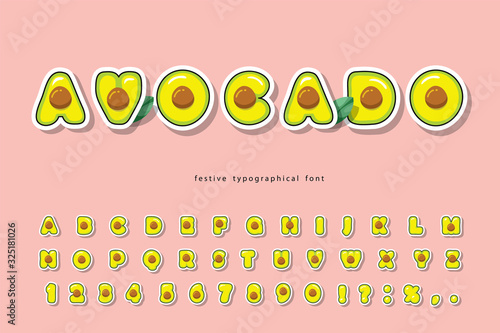 Avocado summer trendy font. Cartoon paper cut out alphabet. Natural healthy food concept. Cute funny letters and numbers on pink. For poster, banner, T-shirt, brochure design. Vector
