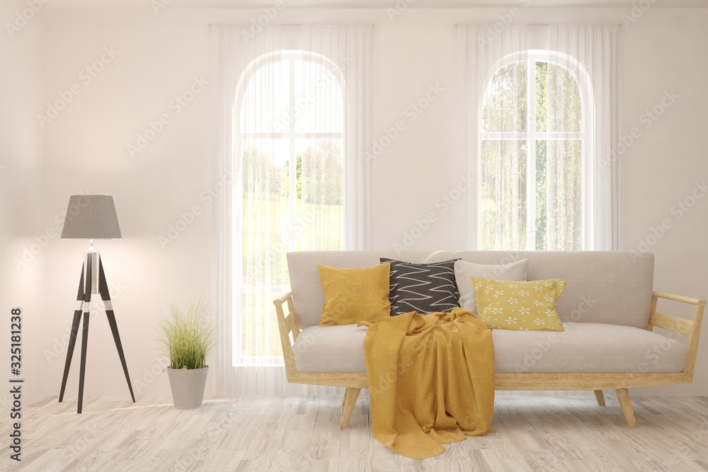 Fototapeta premium Modern living room in white color with sofa. Scandinavian interior design. 3D illustration