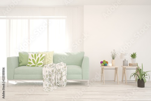 Modern living room in white color with sofa. Scandinavian interior design. 3D illustration