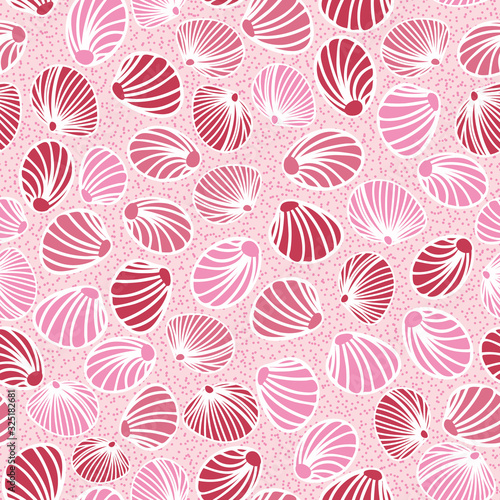 Pink clam shells on sand seamless vector pattern. Decorative marine surface print design. Great for fabrics, stationery and packaging.