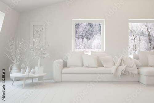 Mock up of stylish living room in white color with sofa and winter landscape in window. Scandinavian interior design. 3D illustration