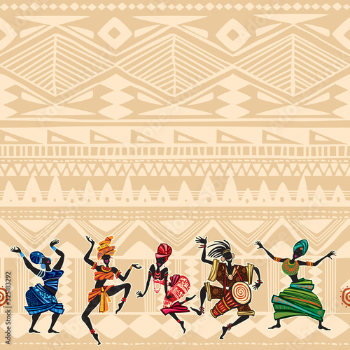 Dancing people on Ethnic background with African motifs