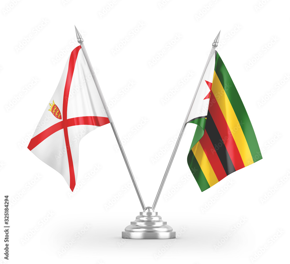 Zimbabwe and Jersey table flags isolated on white 3D rendering Zimbabwe and Jersey table flags isolated on white 3D rendering