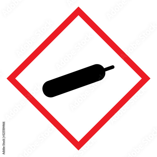 Gas under pressure symbol cylinder graphics design. CLP hazard sign. Diamond shape red border and white background.