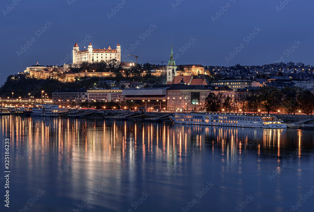 Bratislava castle with river in the night, Bratislava, Slovakia