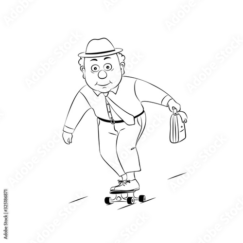 An elderly man on a skateboard.Vector illustration of a linear silhouette on a white background.